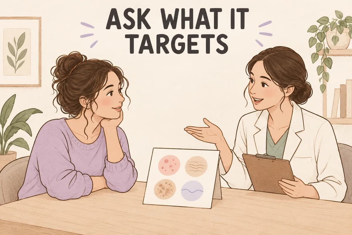 Illustrated patient and dermatologist discussing a card with color and texture sketches beside Ask What It Targets lettering