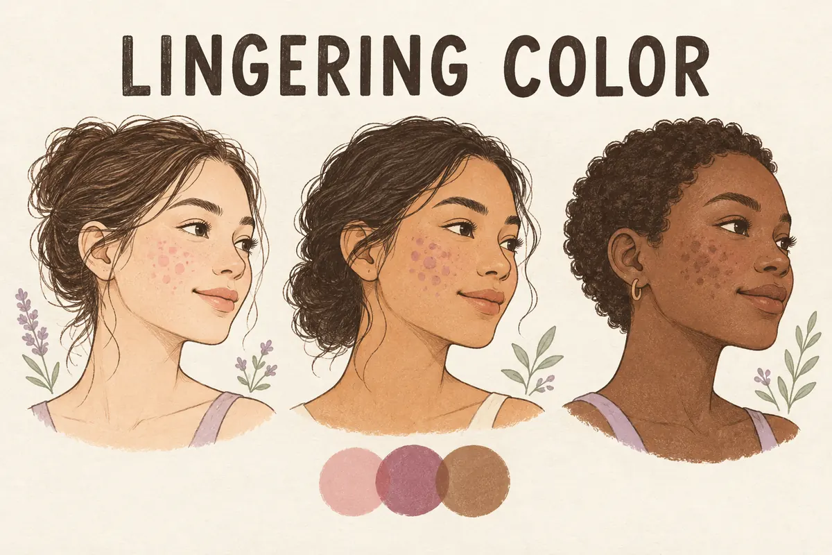 Three illustrated cheek profiles in different skin tones with flat colored marks, beneath Lingering Color lettering