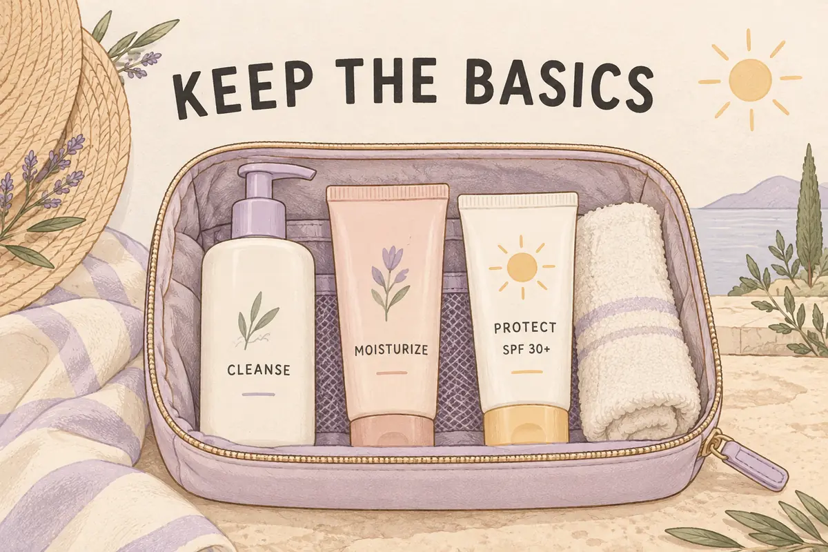 Illustrated toiletry bag with cleanser, moisturizer and SPF 30 plus sunscreen beside a towel under Keep the Basics lettering