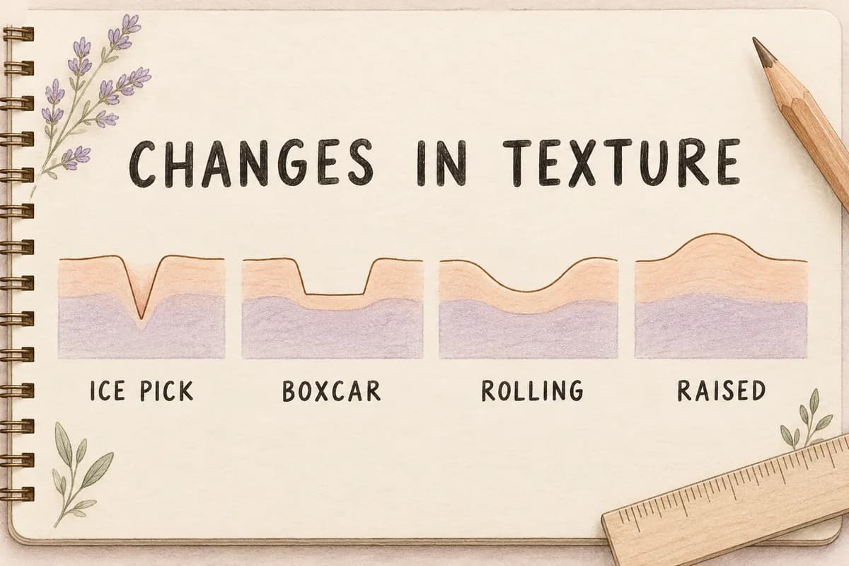Simplified sketchbook drawings of narrow, boxcar and rolling depressions and a raised surface, labeled as changes in texture