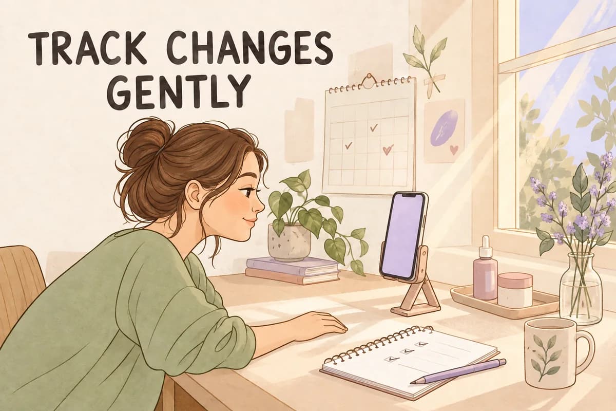 Illustrated woman beside a window looking at a phone on a stand, with her forearm and relaxed hand resting on the desk beside a notebook