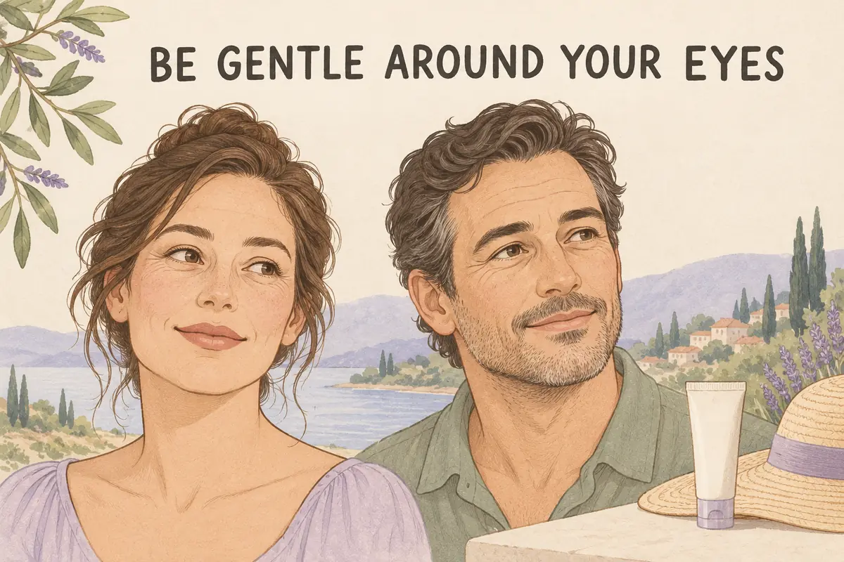 Illustrated woman and man with subtle natural forehead and eye-area lines beside Be Gentle Around Your Eyes lettering
