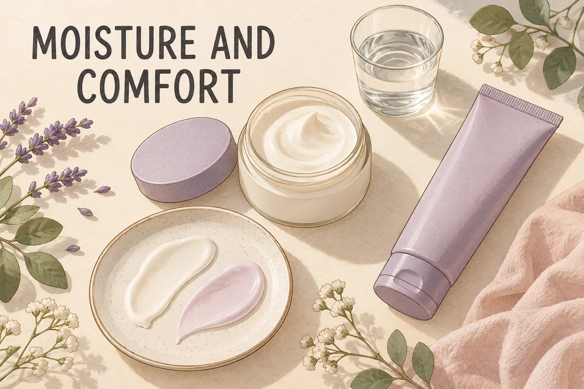 Illustrated moisturizer jar, lavender tube, water glass and cream swatches on a ceramic saucer beneath Moisture and Comfort lettering