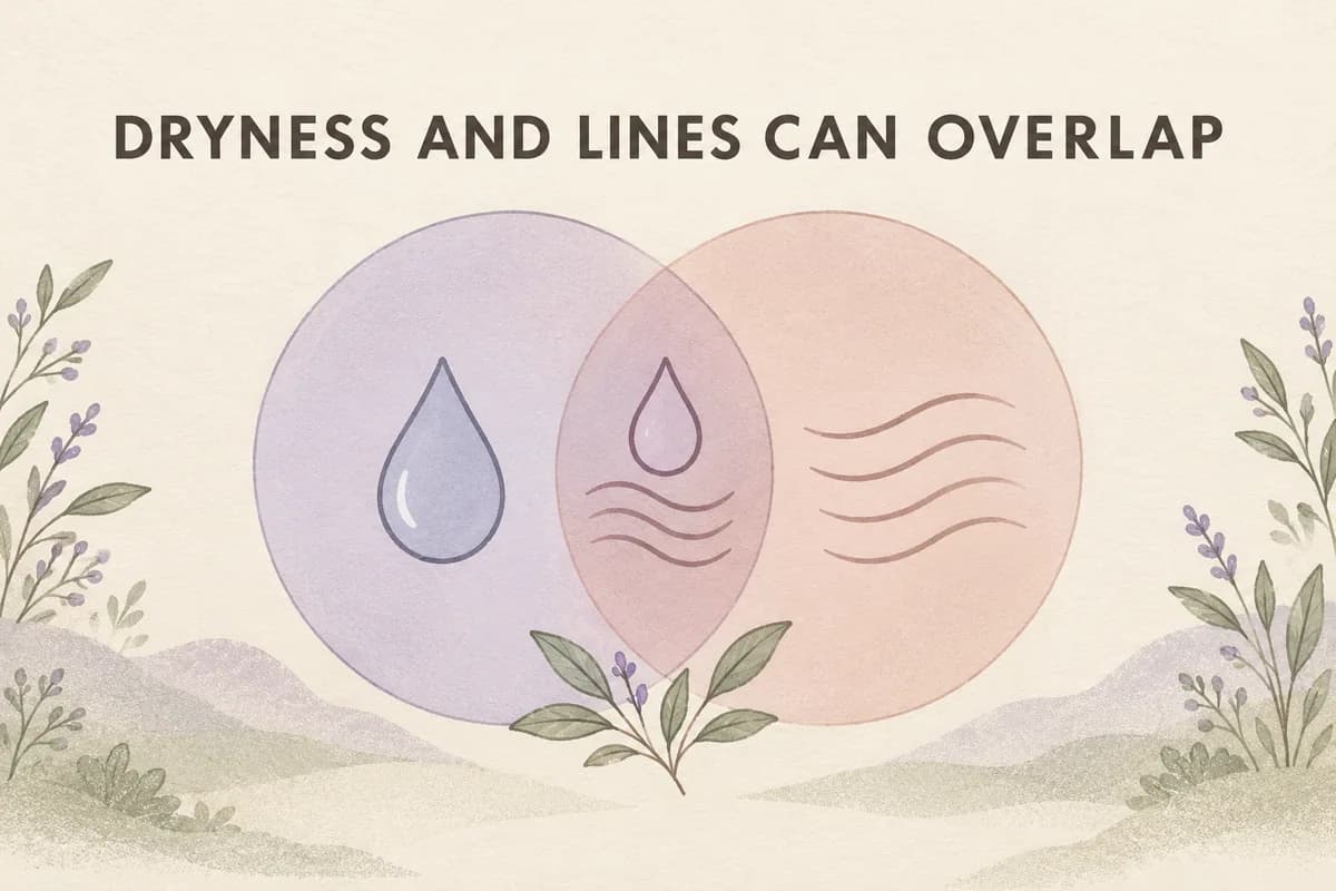 Conceptual overlapping lavender and blush circles combining a water droplet and curved line symbols under Dryness and Lines Can Overlap lettering
