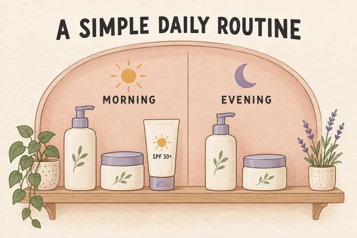 Illustrated morning shelf with cleanser, moisturizer and SPF 30 plus sunscreen, and evening shelf with cleanser and moisturizer