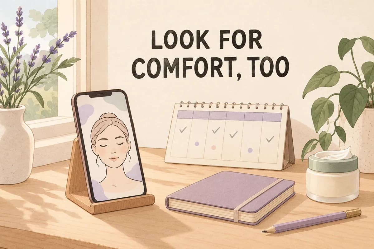 Illustrated phone on a stand beside a calendar, skincare notebook and moisturizer under Look for Comfort, Too lettering, without diagnostic scores