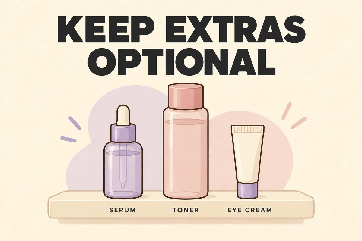 Keep Extras Optional illustration showing a serum, toner, and eye cream