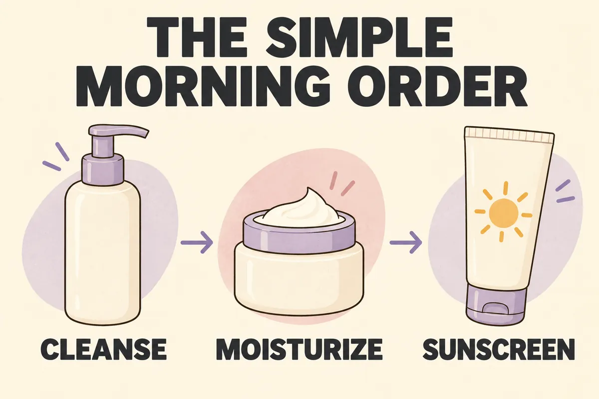 The Simple Morning Order illustration showing cleanser, moisturizer, and sunscreen arranged from left to right