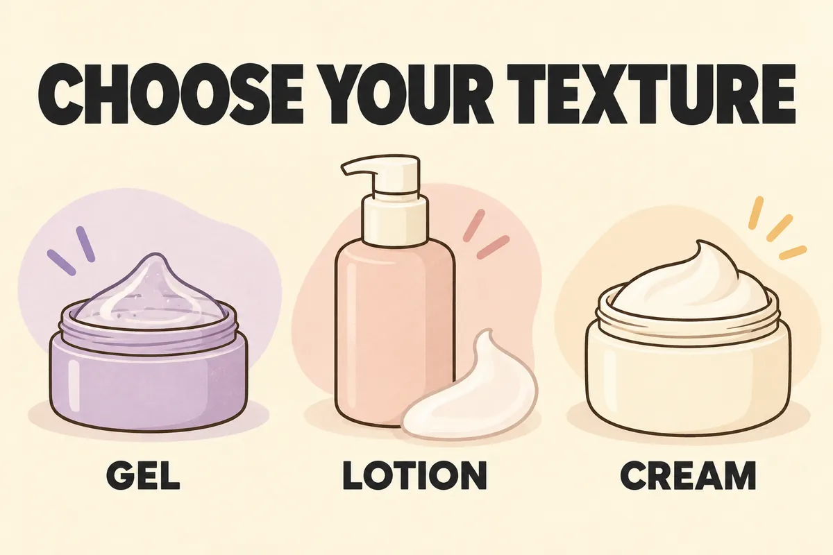 Choose Your Texture illustration showing gel, lotion, and cream moisturizer textures
