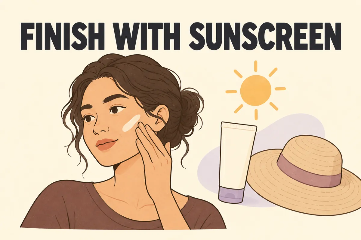Finish With Sunscreen illustration showing a woman applying sunscreen beside a tube and sun hat