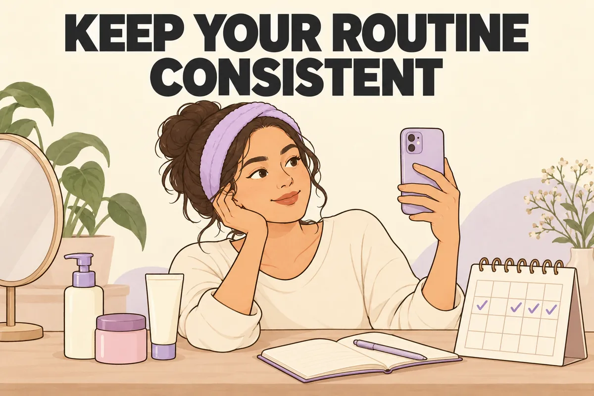 Keep Your Routine Consistent illustration showing a woman taking a check-in photo beside a notebook and calendar