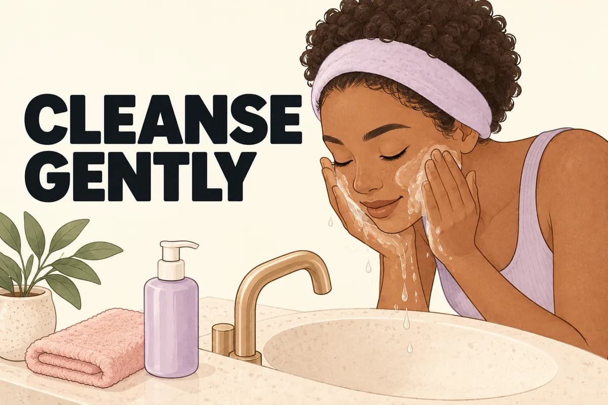 Illustrated person rinsing their face gently with fingertips over a sink beside cleanser and a soft towel