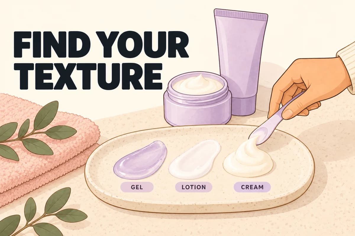 Three moisturizer swatches labeled gel, lotion, and cream on a ceramic palette beside a tube and jar