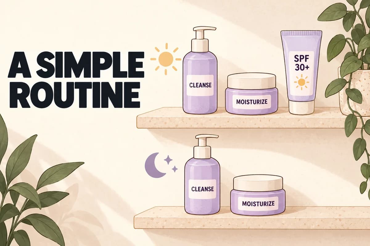 Morning shelf with cleanser, moisturizer and SPF 30 plus sunscreen, and evening shelf with cleanser and moisturizer