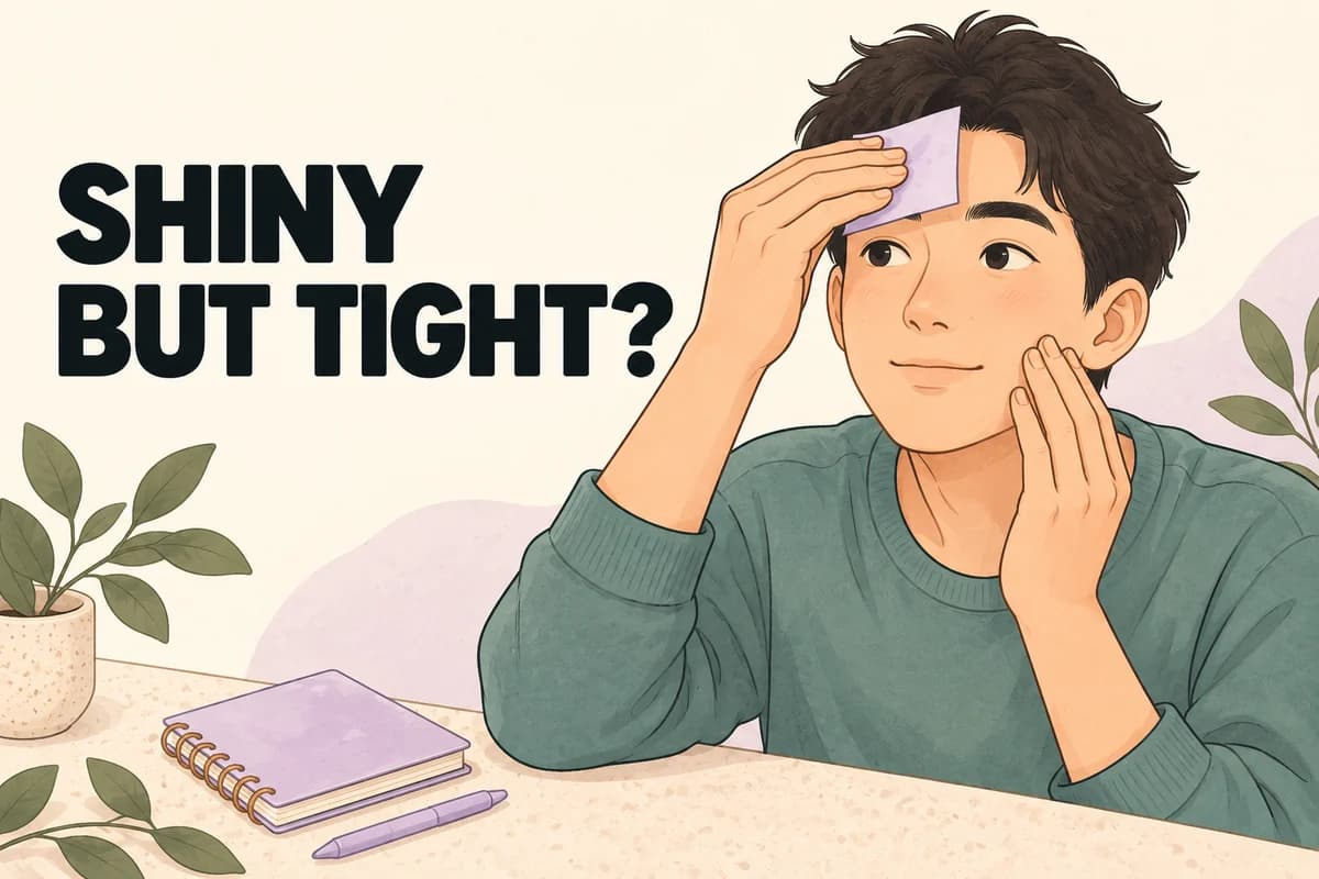 Illustrated man gently pressing blotting paper to his forehead while touching his cheek, with Shiny but Tight lettering