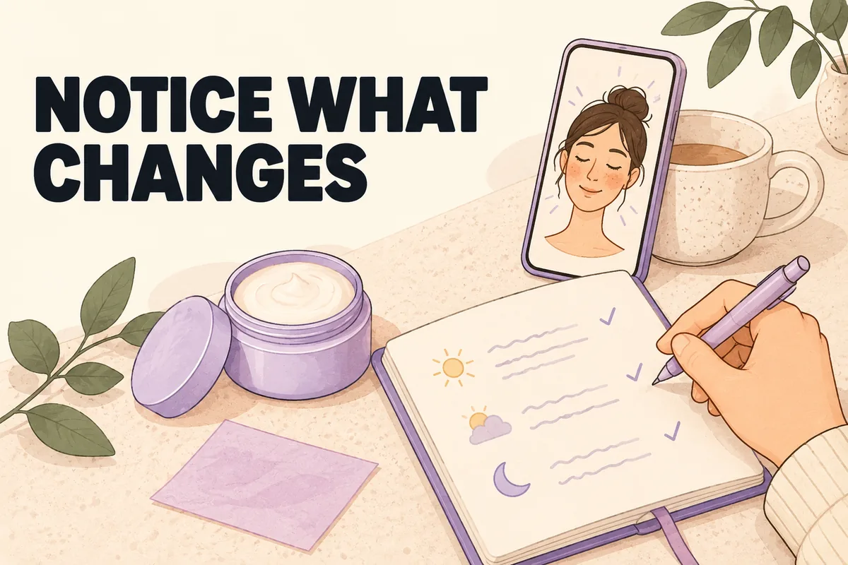 Hand writing skincare comfort notes beside a phone with a generic skin check-in portrait and a blotting sheet