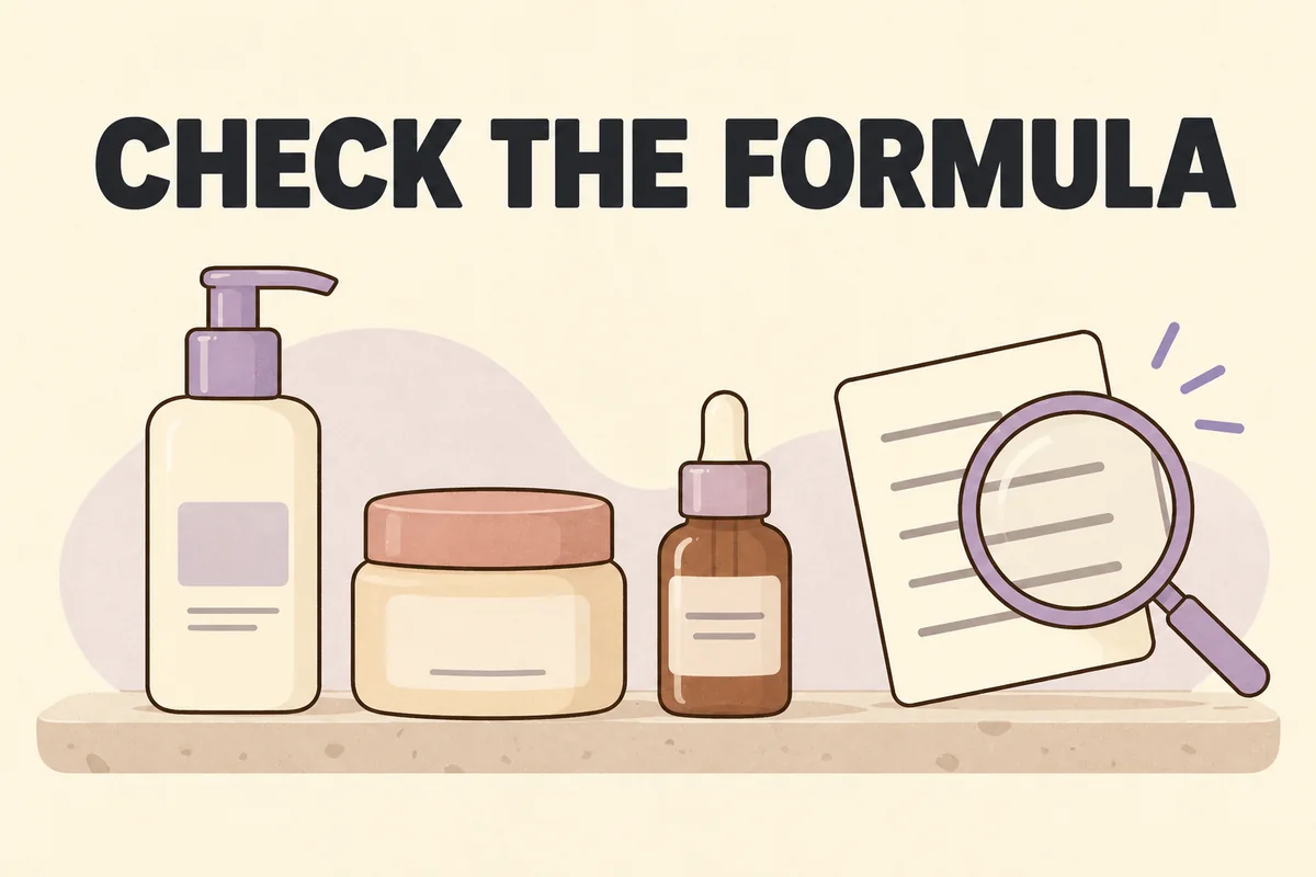 Check the Formula illustration with cleanser, moisturizer, serum, and a magnifying glass over an ingredient list
