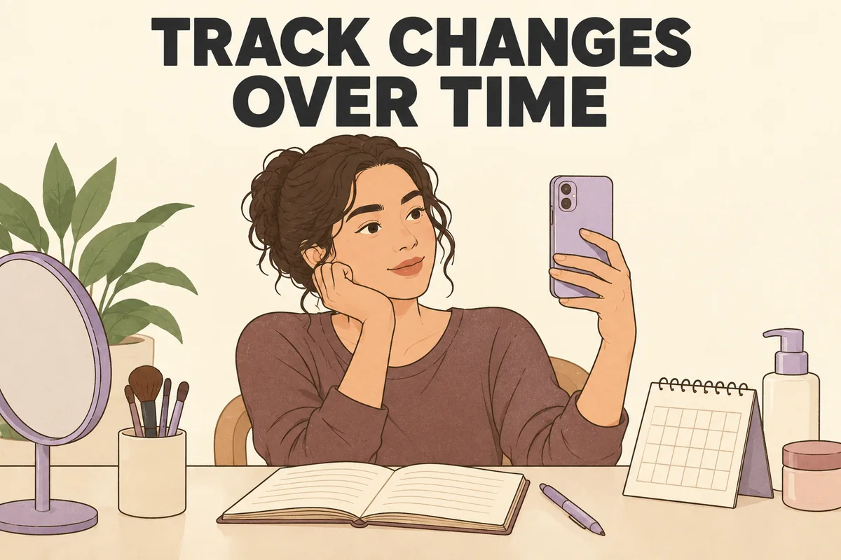 Track Changes Over Time illustration showing a woman taking a check-in photo beside a notebook and calendar