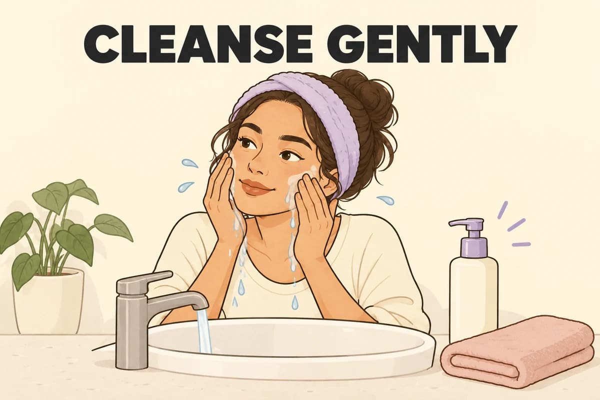 Cleanse Gently illustration of a woman washing her face with her fingertips beside a soft towel