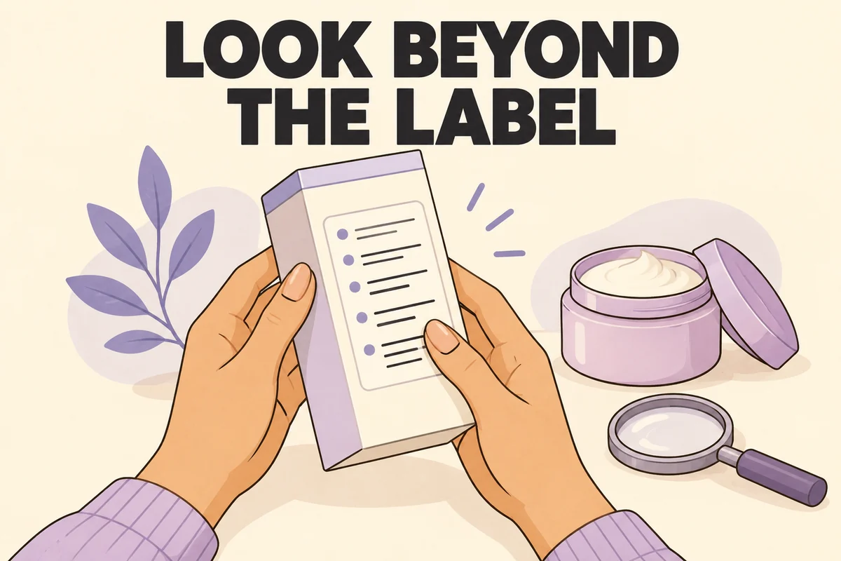 Look Beyond the Label illustration of hands examining the ingredient panel on a skincare package