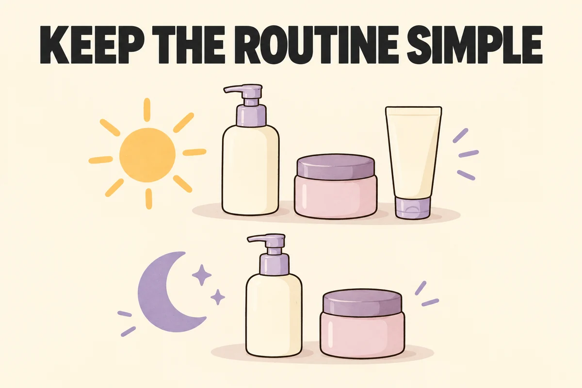 Simple morning and evening skincare routines shown as cleanser, moisturizer, and daytime sunscreen