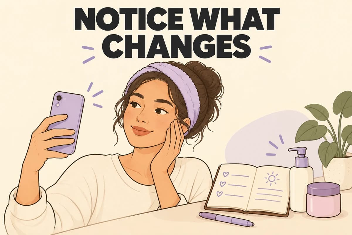 Notice What Changes illustration of a woman taking a skin check-in photo beside a skincare journal