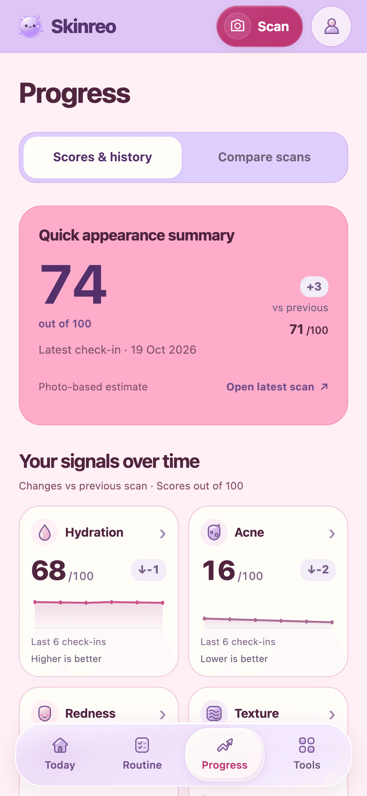 Skinreo Progress screen with demo appearance estimates, check-in history and comparison controls