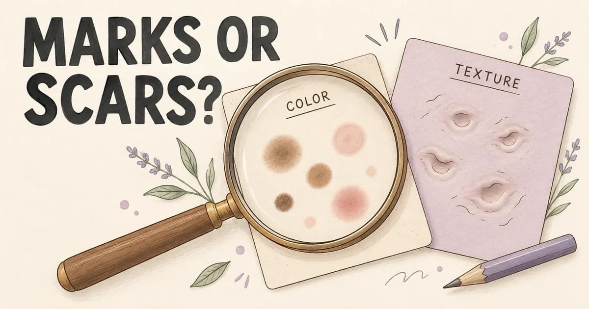 Illustrated magnifying glass over two cards comparing flat colored marks with changes in texture, beside Marks or Scars lettering