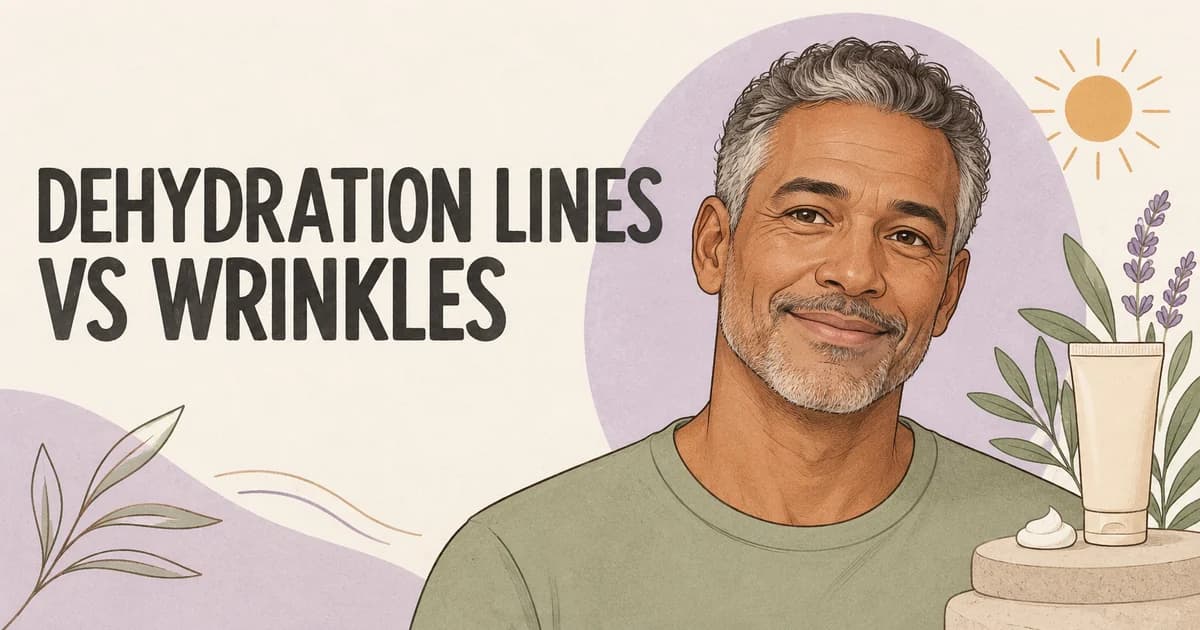 Illustrated mature man with natural expression lines beside Dehydration Lines vs Wrinkles lettering, a moisturizer and a sun motif