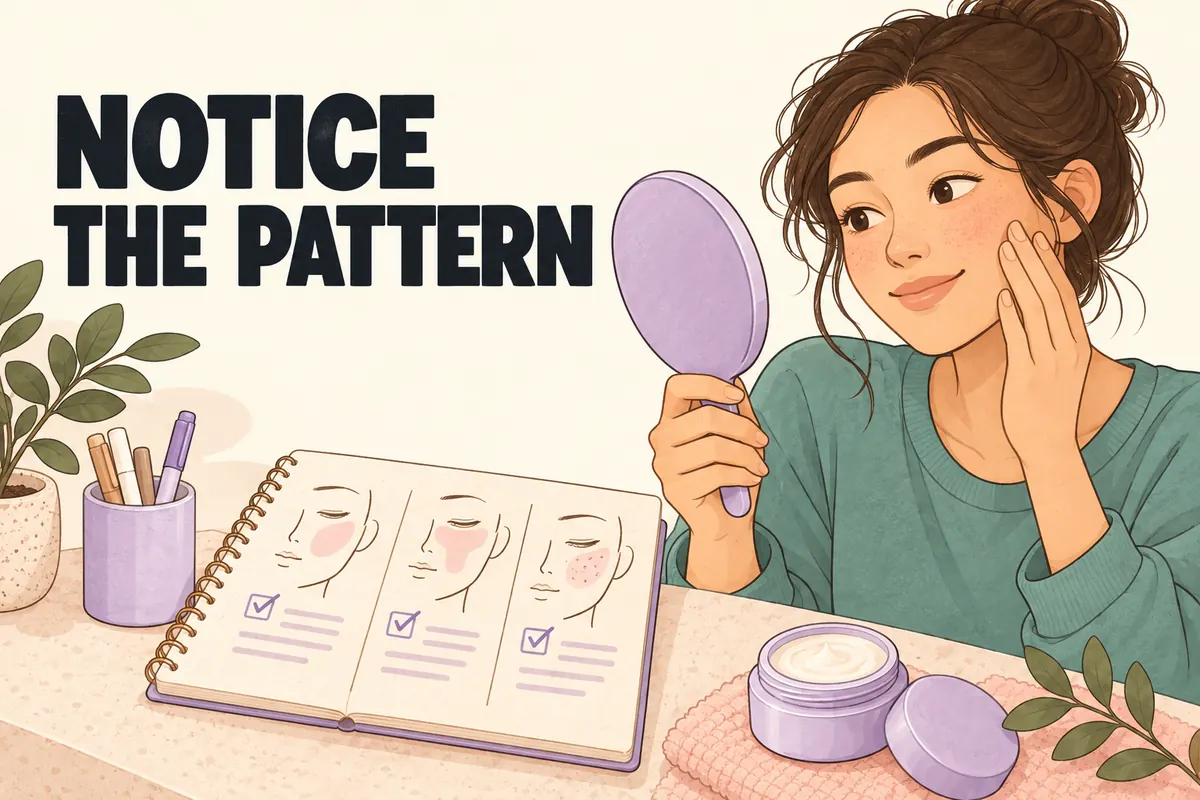 Illustrated person looking in a handheld mirror beside a notebook recording skin changes