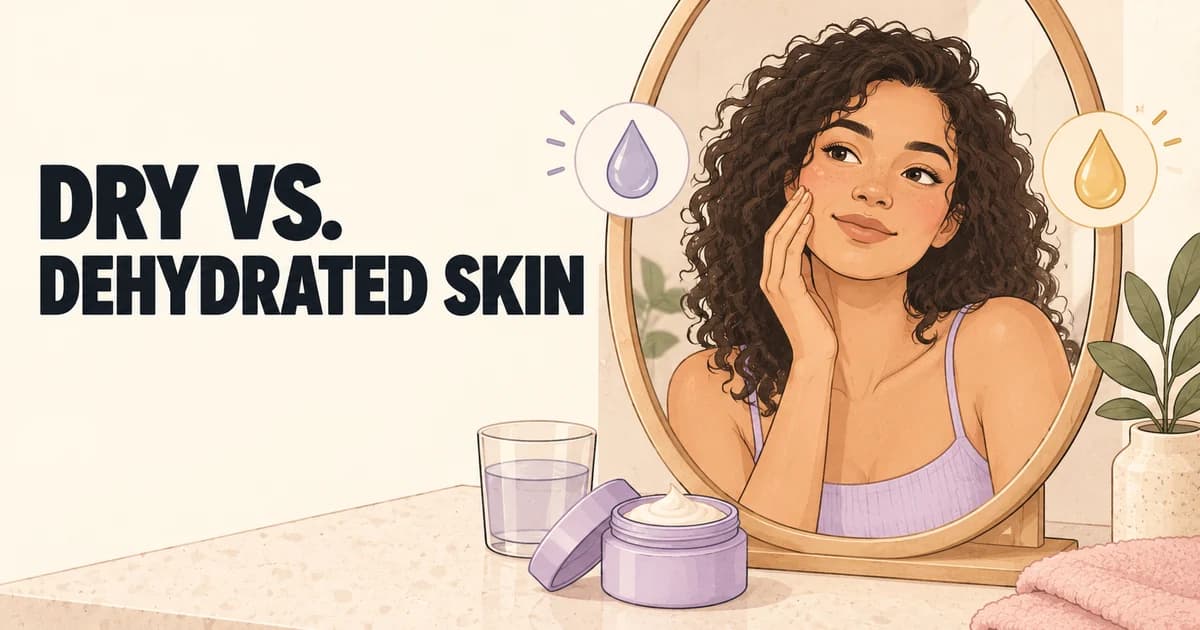 Illustrated woman looking into an oval mirror beside a moisturizer, with water and oil droplet symbols and Dry vs. Dehydrated Skin lettering