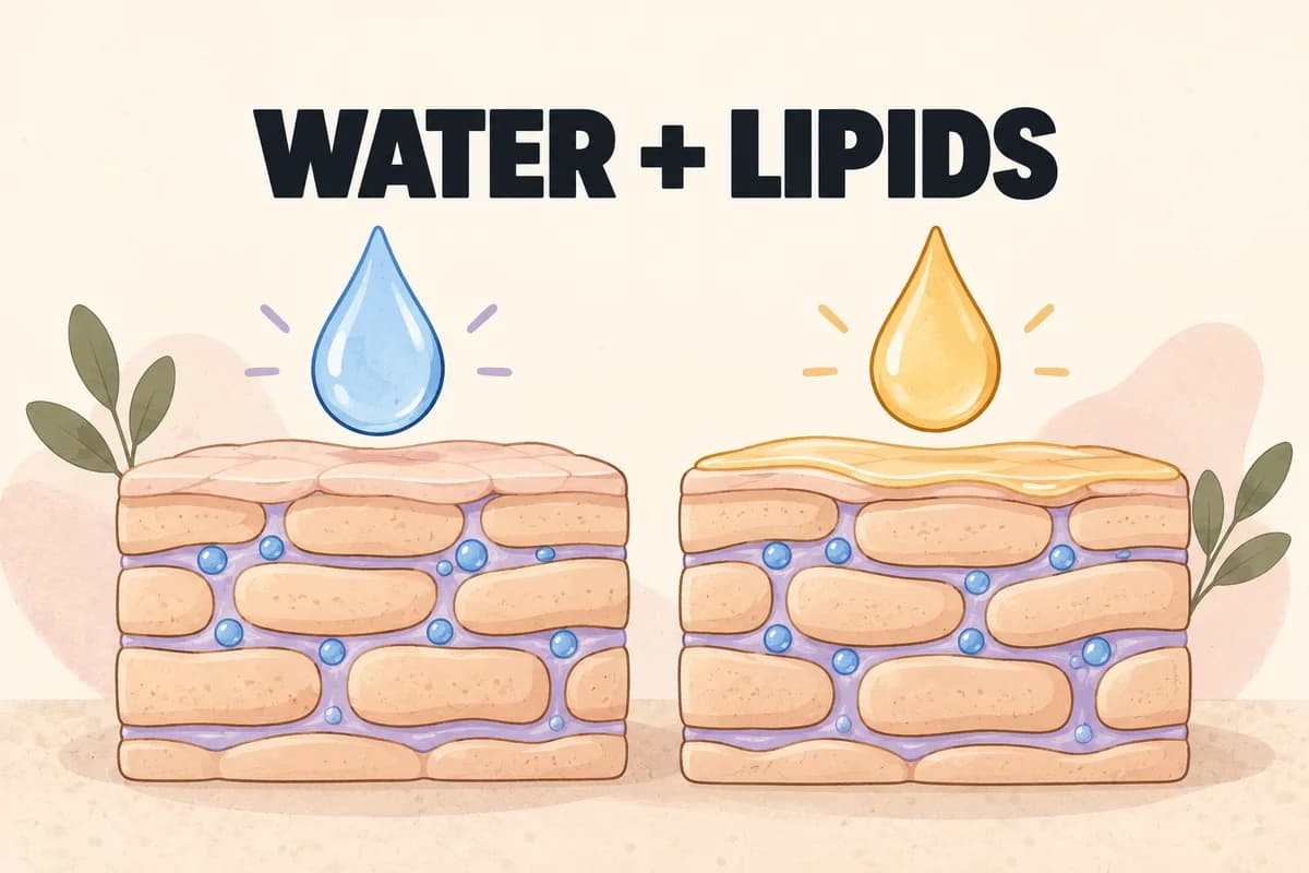 Conceptual skin-layer tiles with water droplets and lipid-like mortar showing that skin moisture and lipids work together