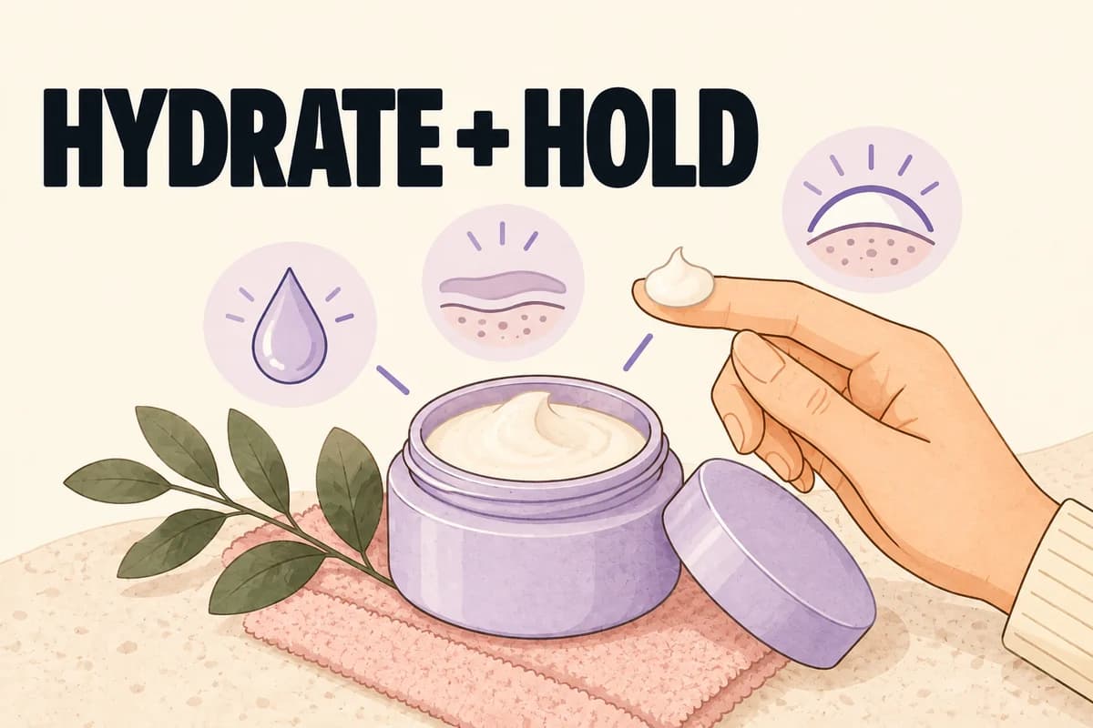 Moisturizer jar and a fingertip dab of cream beside symbols for hydration, smoothing, and reducing moisture loss