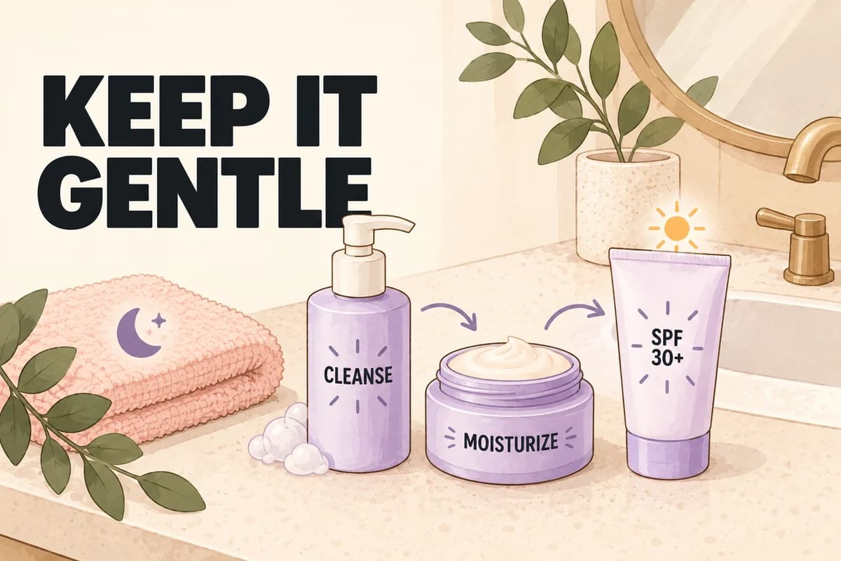 Illustrated cleanser, moisturizer, and SPF 30 plus sunscreen beside a bathroom sink