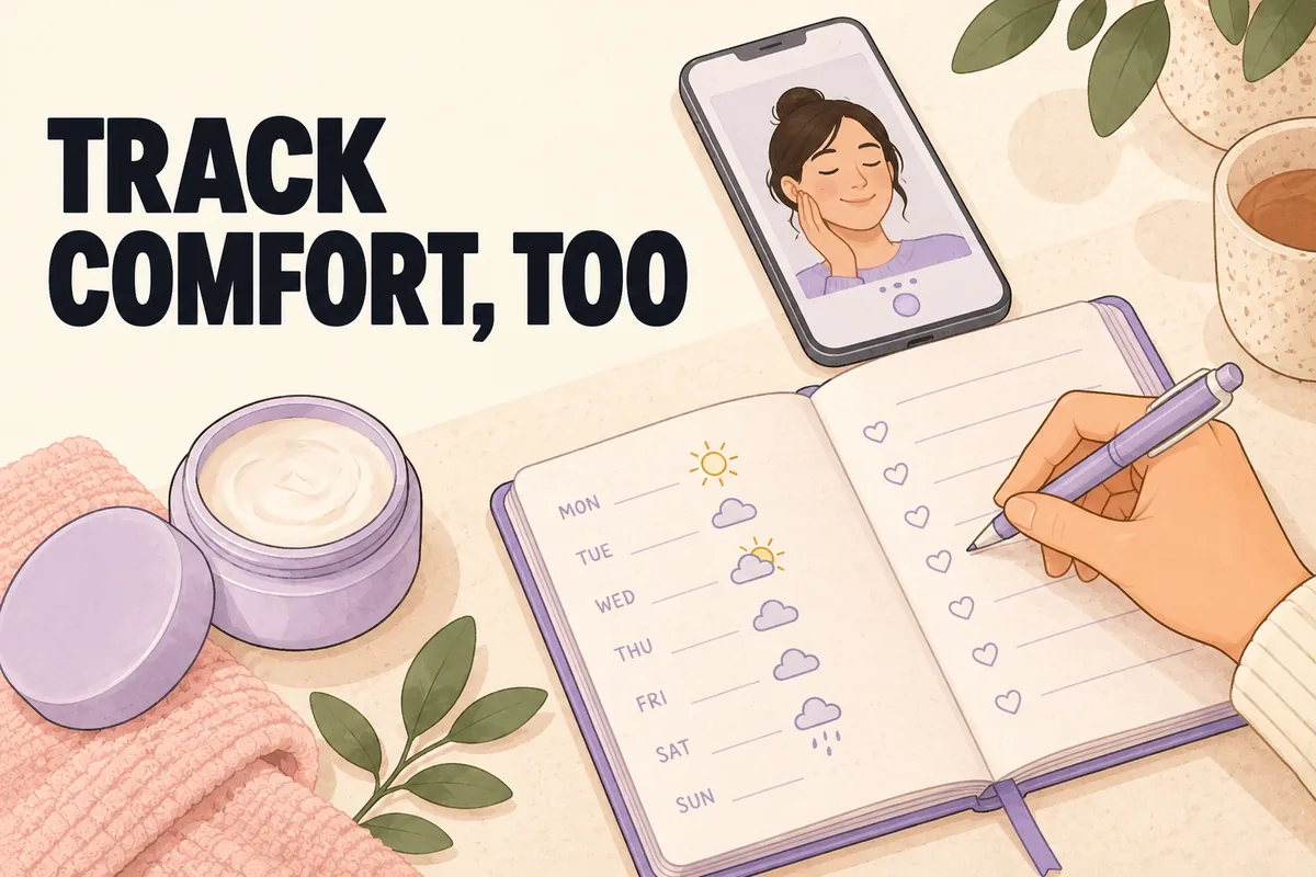 Illustrated hand recording comfort notes in a skincare journal beside a phone with a generic skin check-in portrait