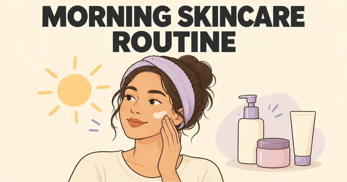 Morning Skincare Routine illustration showing a woman applying moisturizer beside cleanser, moisturizer, and sunscreen