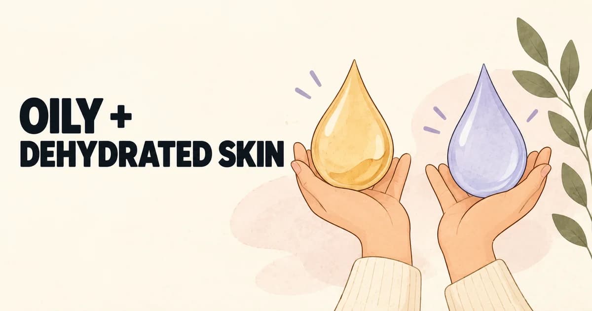 Two illustrated hands holding separate golden oil and lavender water droplets beside Oily and Dehydrated Skin lettering