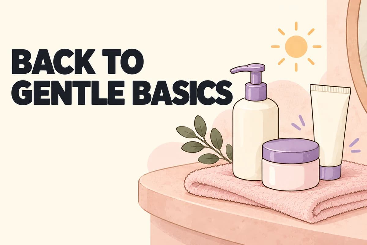 A gentle cleanser, moisturizer, and sunscreen on a bathroom ledge with a folded towel.