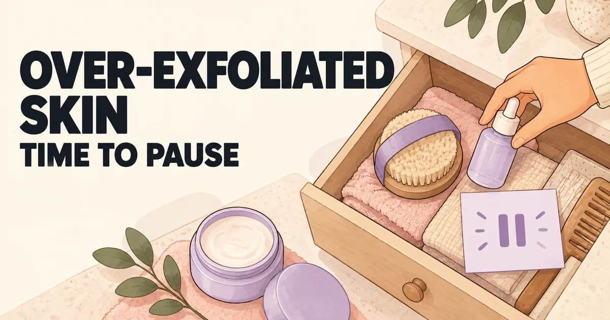 A hand puts a dropper bottle and scrub brush into a drawer beside a pause card and moisturizer.