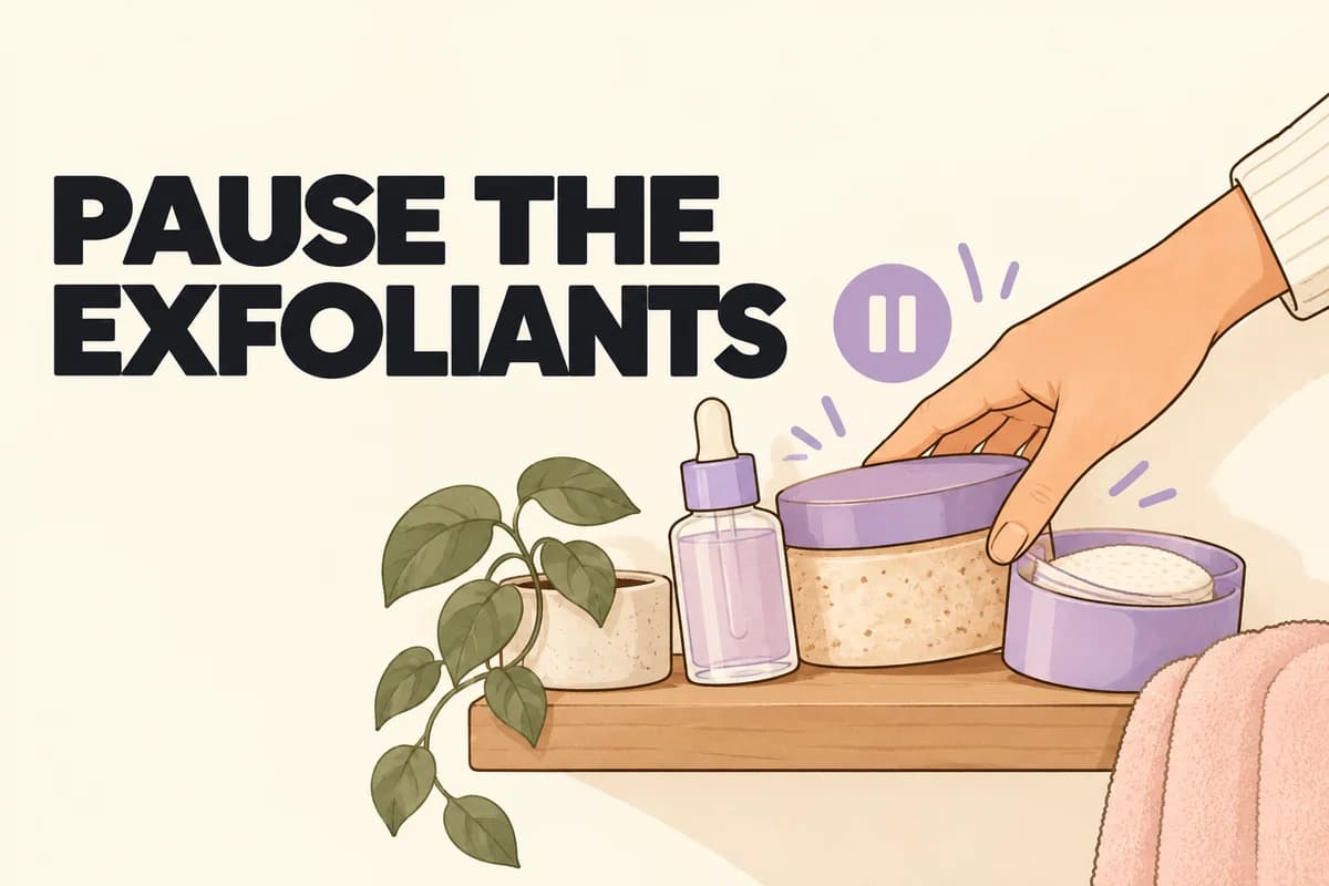 A hand puts exfoliating products and pads on the back of a shelf beside a pause symbol.