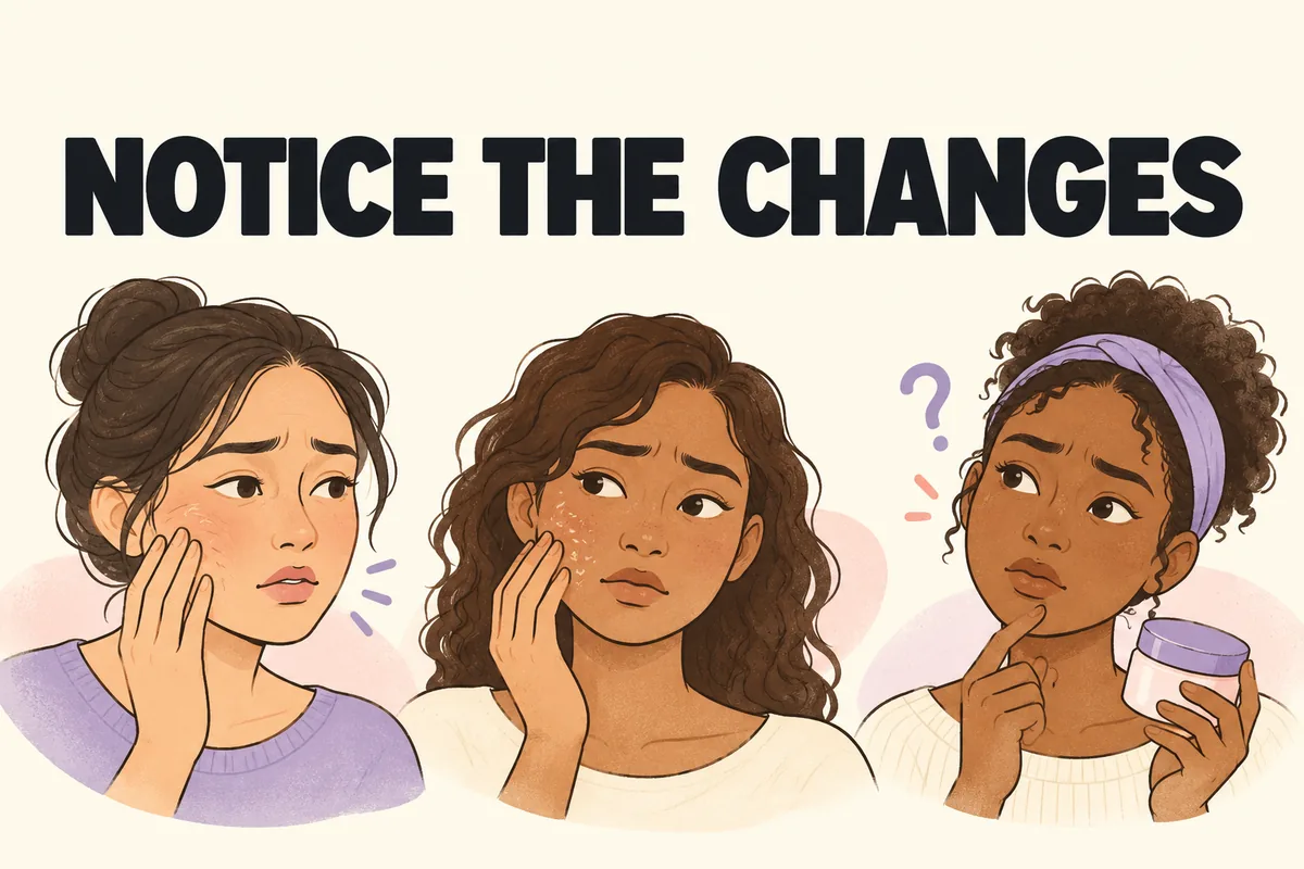 Illustrated faces noticing tightness, dry flakes, and discomfort with their usual skincare.
