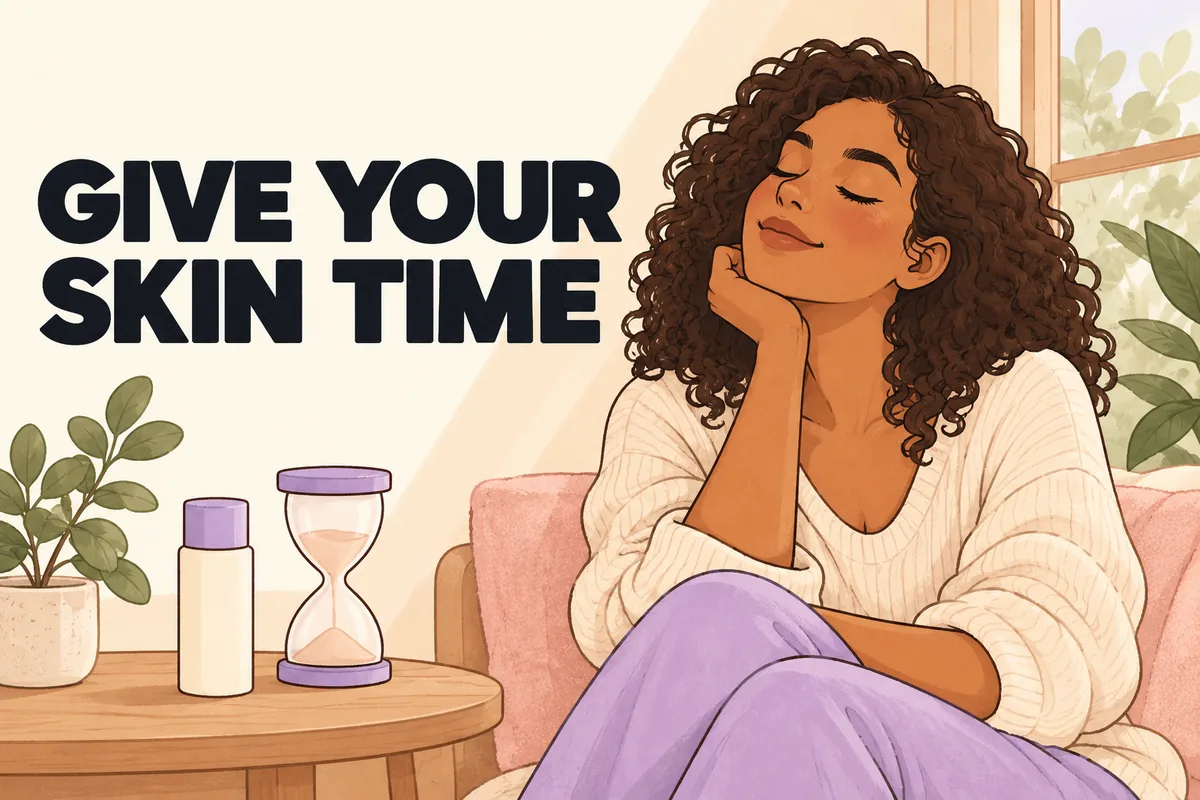 An illustrated woman resting by a window beside an hourglass and a closed skincare bottle.