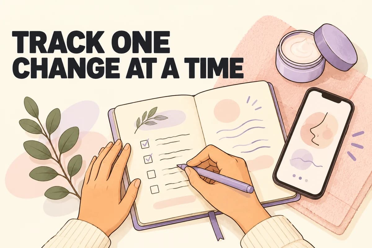 Hands record routine notes in a journal beside a phone showing a simple skin check-in screen.