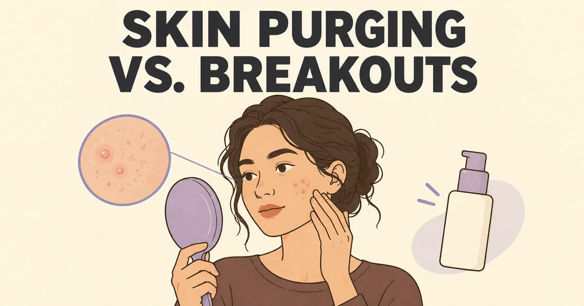 Skin Purging vs. Breakouts illustration showing a woman checking cheek blemishes in a handheld mirror