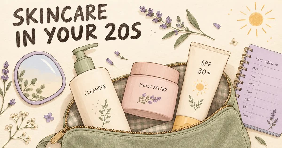 Illustrated wash bag with cleanser, moisturizer, SPF 30 plus sunscreen, mirror and weekly planner beside Skincare in Your 20s lettering