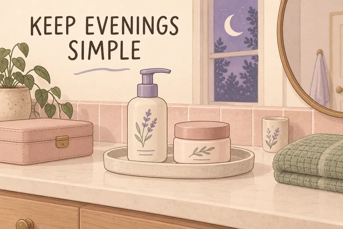 Illustrated evening bathroom counter with gentle cleanser and moisturizer, a folded towel and a moonlit lavender window