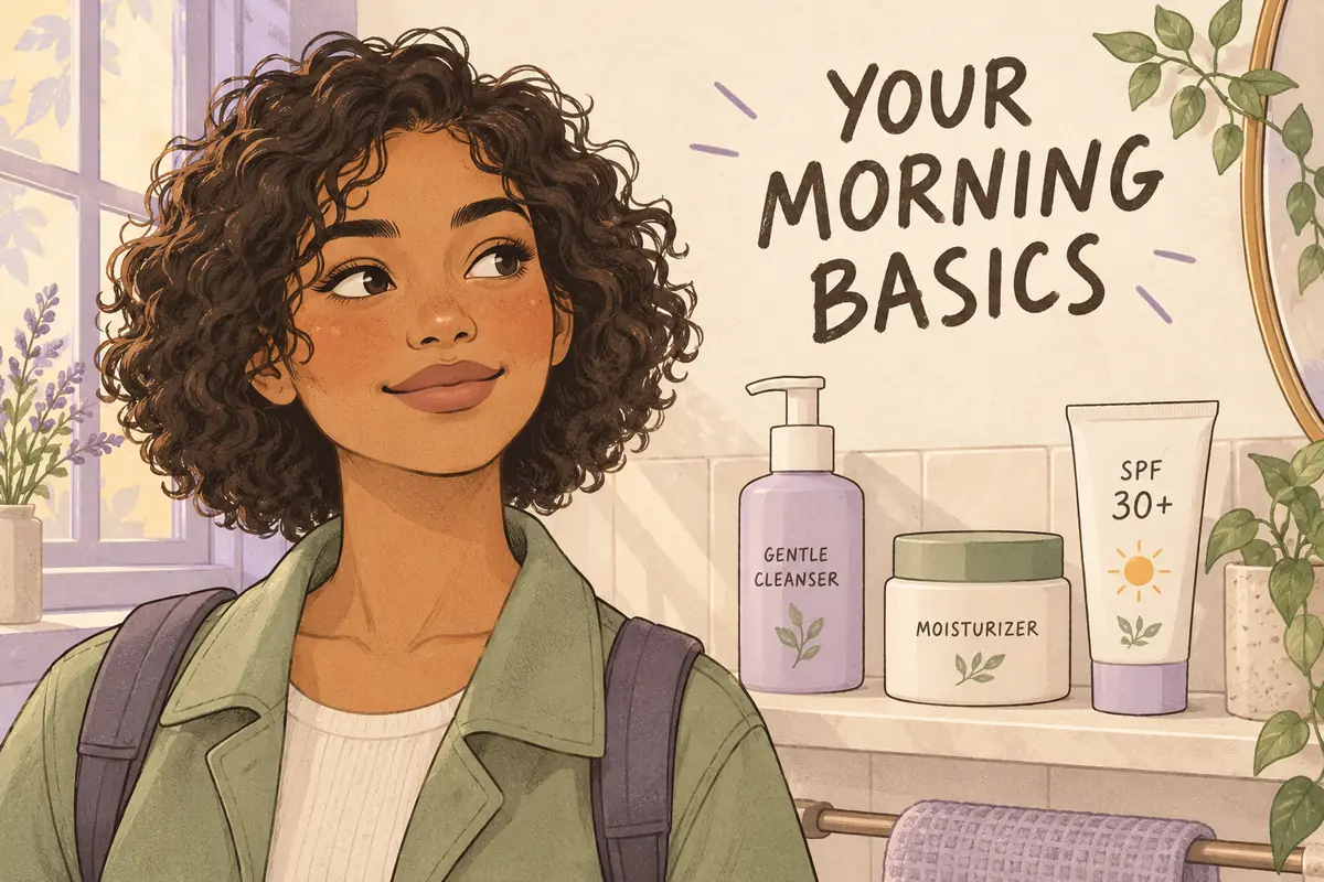 Illustrated young adult woman beside a shelf holding gentle cleanser, moisturizer and SPF 30 plus sunscreen under Your Morning Basics lettering