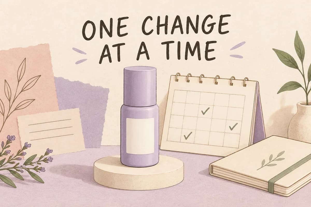 Illustrated single treatment bottle beside a check-mark calendar and notebook under One Change at a Time lettering
