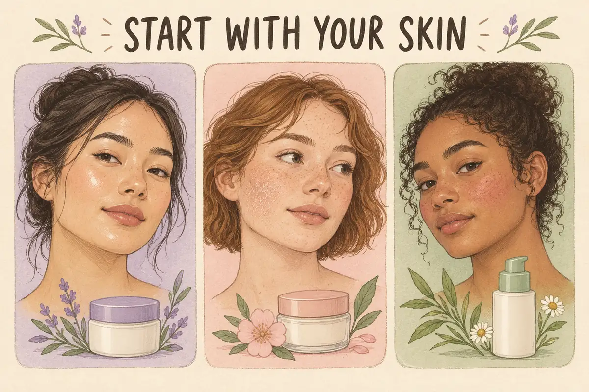 Three illustrated young adults with different visible skin characteristics beneath Start With Your Skin lettering