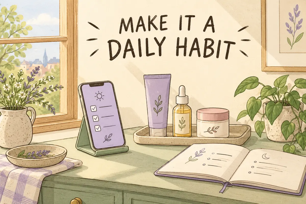 Illustrated phone checklist on a stand beside a routine notebook and skincare products beneath Make It a Daily Habit lettering